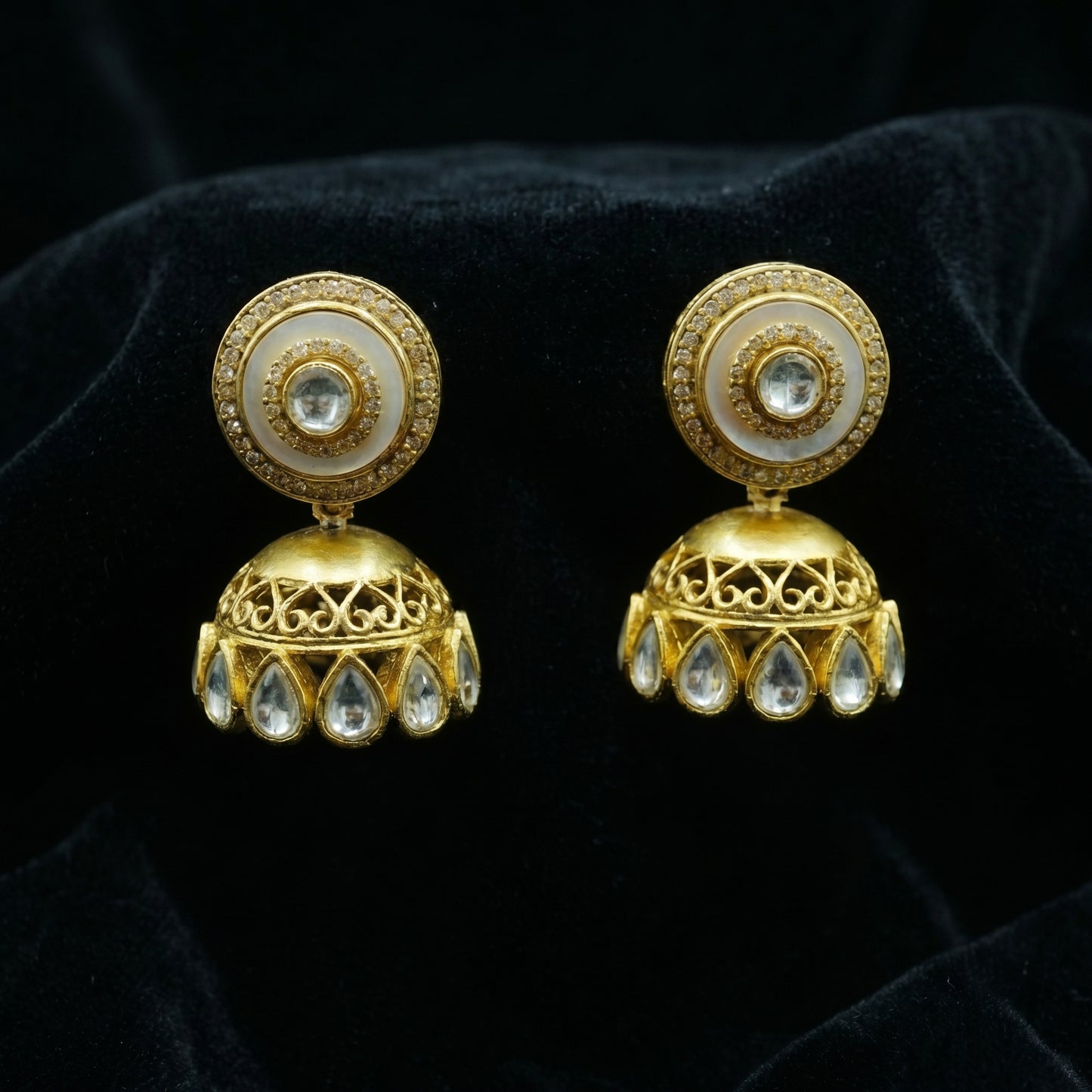 Pearl Polki Filigree Gold Jhumka Earrings