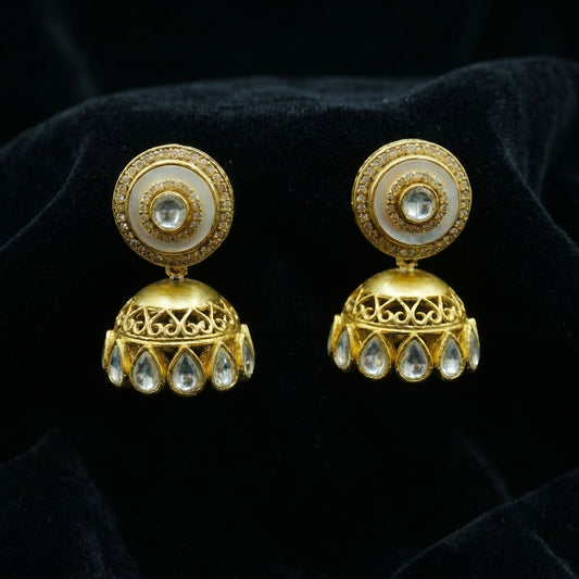 Pearl Polki Filigree Gold Jhumka Earrings