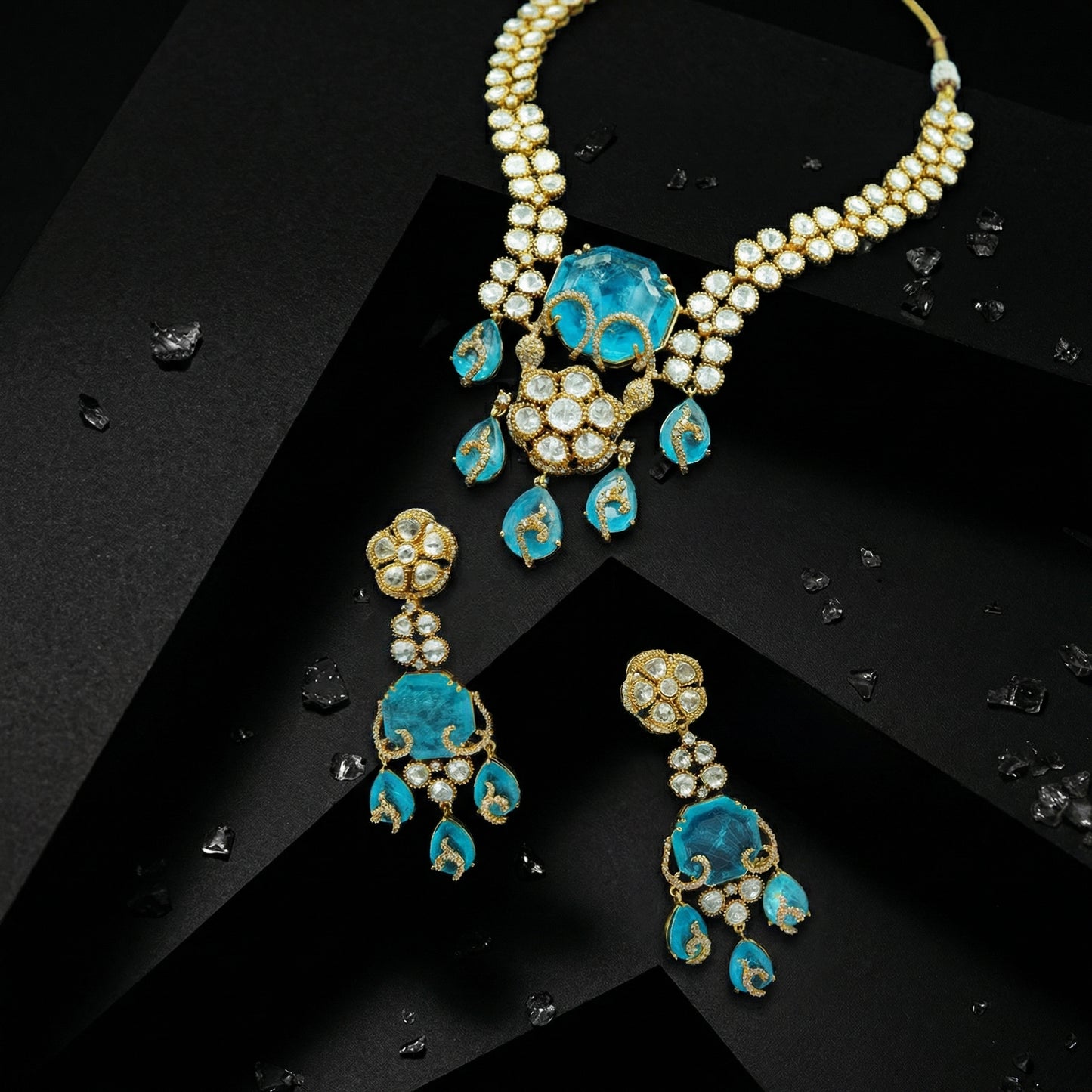 Paraiba Polki Gold Scroll Jewellery Set