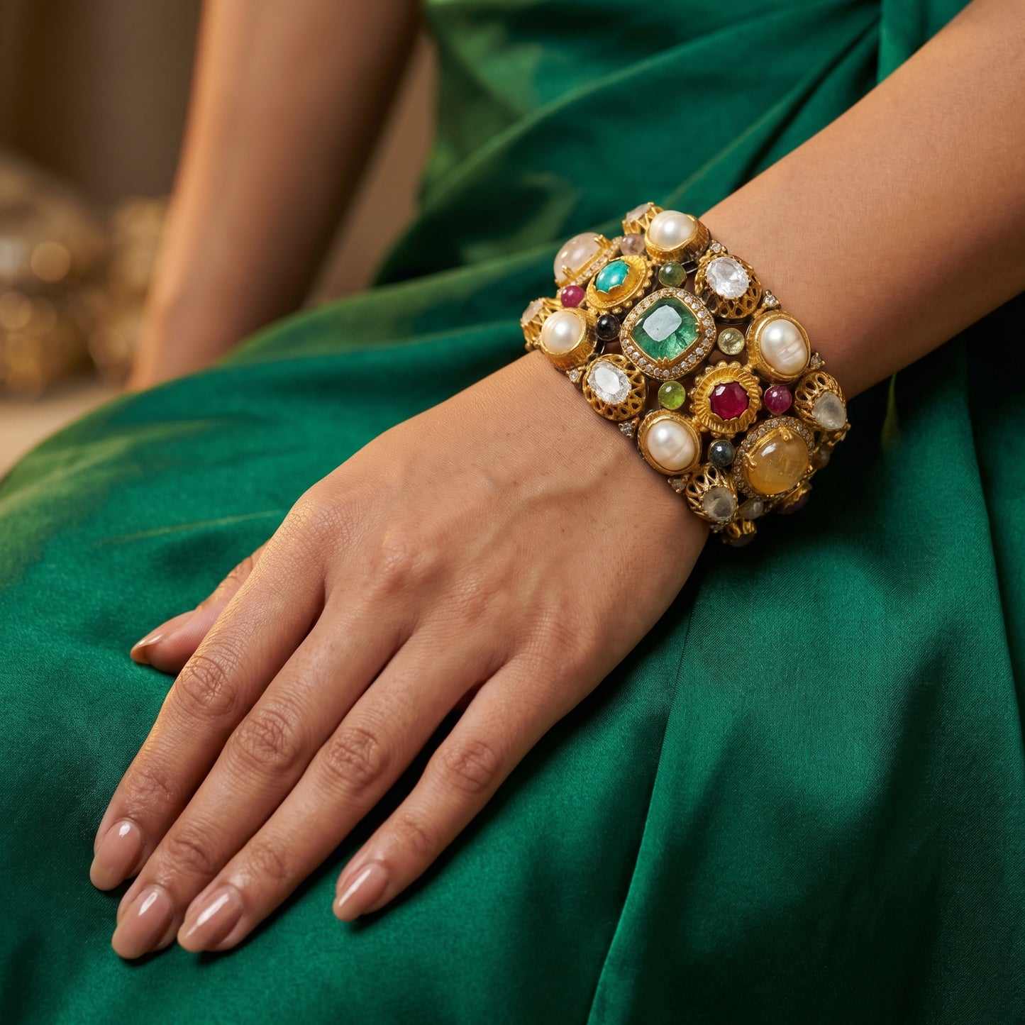 Multistone Pearl Emerald Gold Bracelet