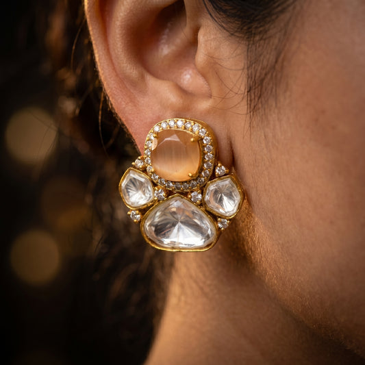 Honey Quartz Polki Cluster Gold Studs