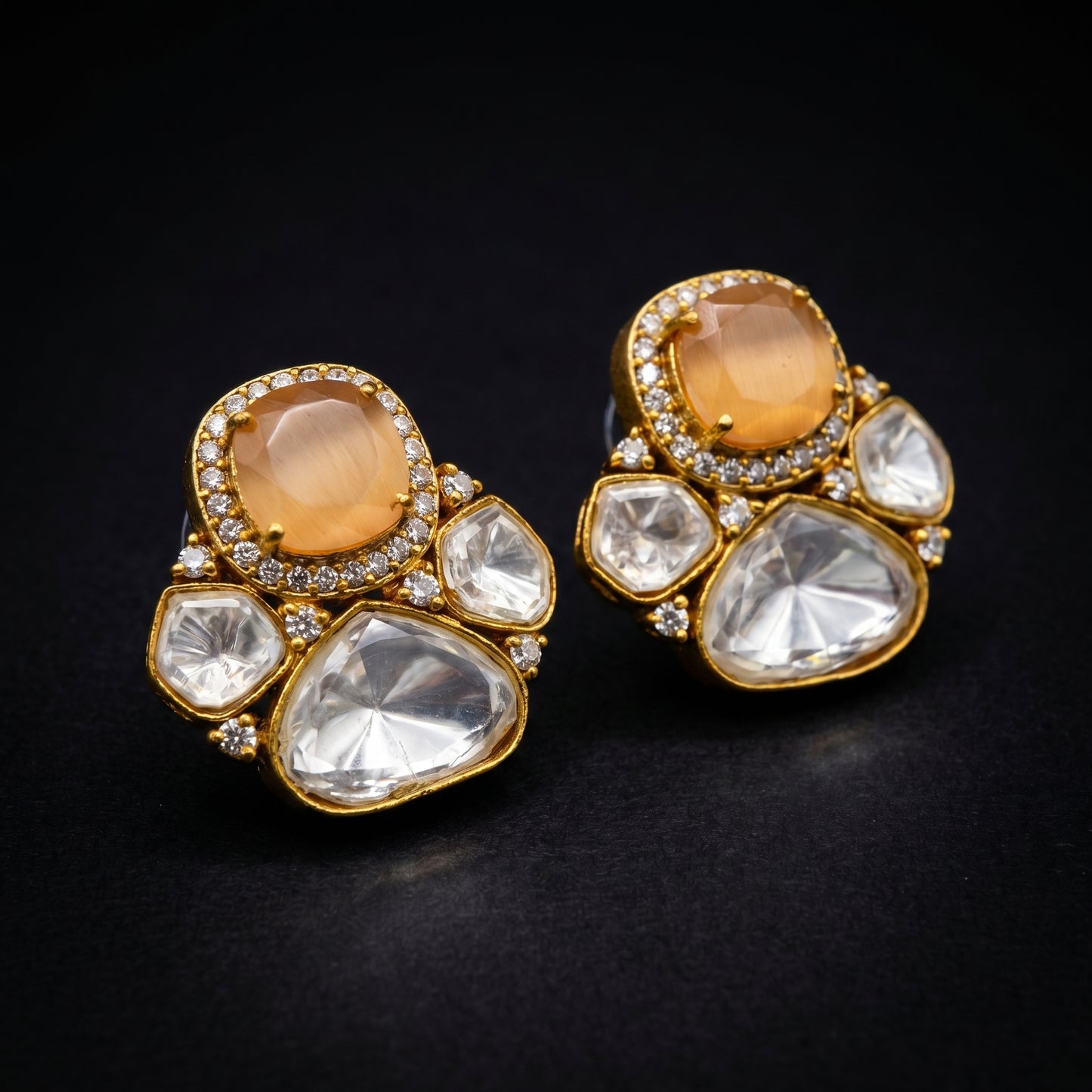 Honey Quartz Polki Cluster Gold Studs