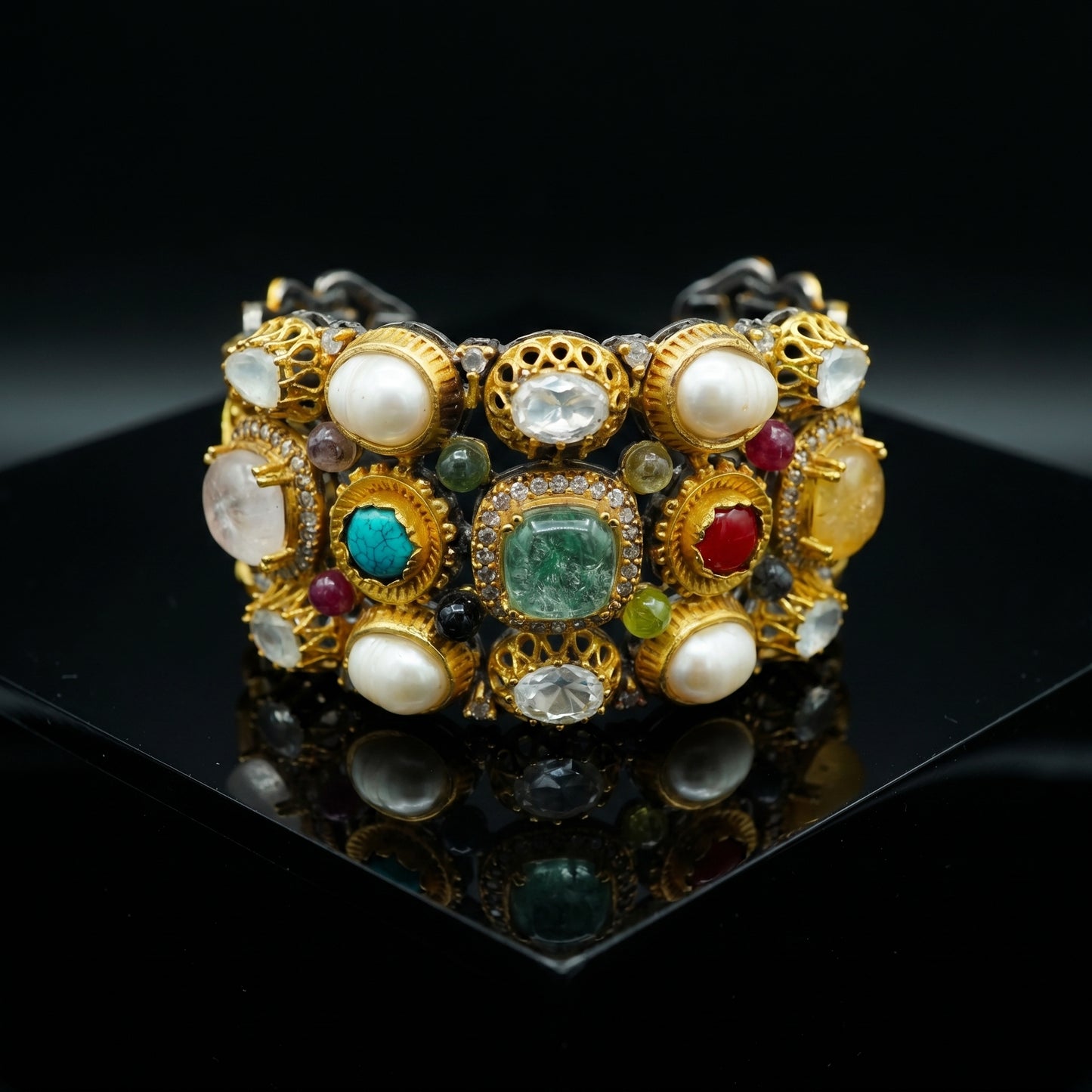 Multistone Pearl Emerald Gold Bracelet