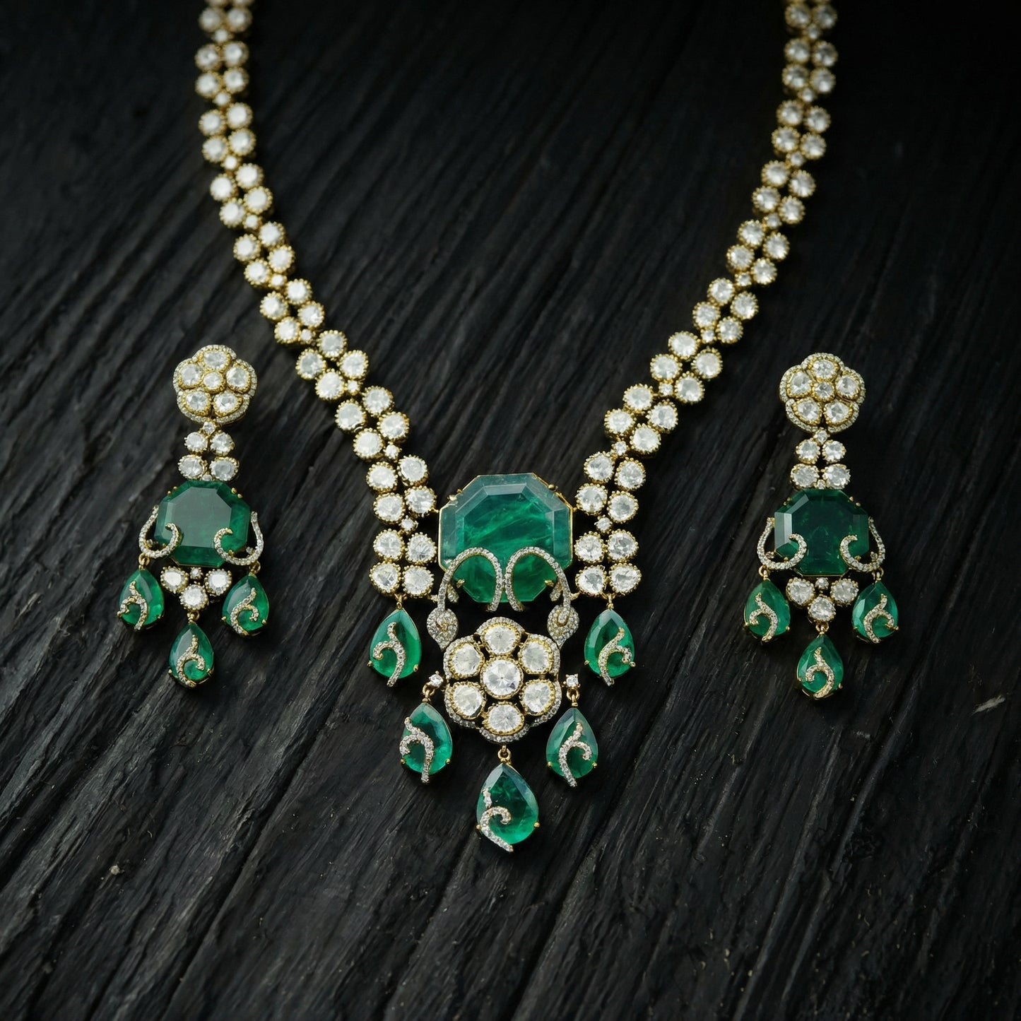 Emerald Scroll Polki Long Necklace Set