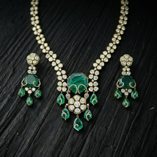 Emerald Scroll Polki Long Necklace Set