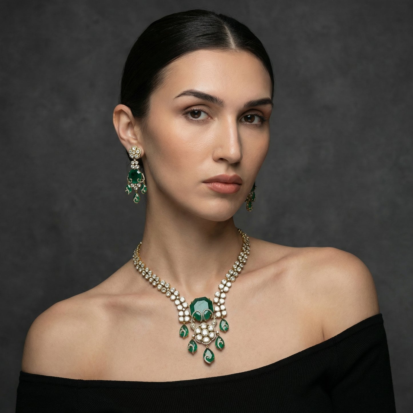 Emerald Scroll Polki Long Necklace Set