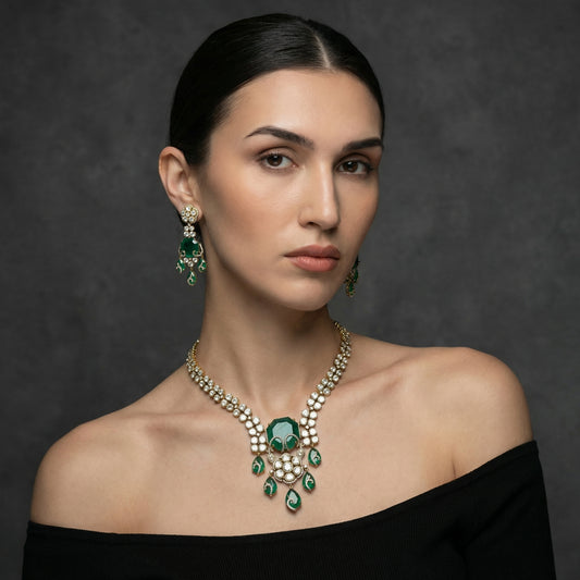 Emerald Scroll Polki Long Necklace Set