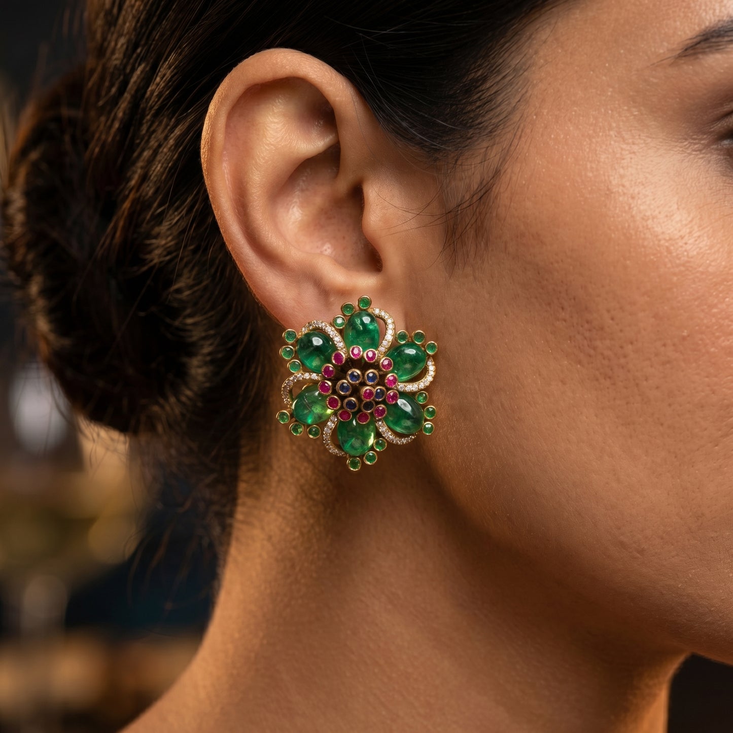 Emerald Bloom Polki Floral Stud Earrings