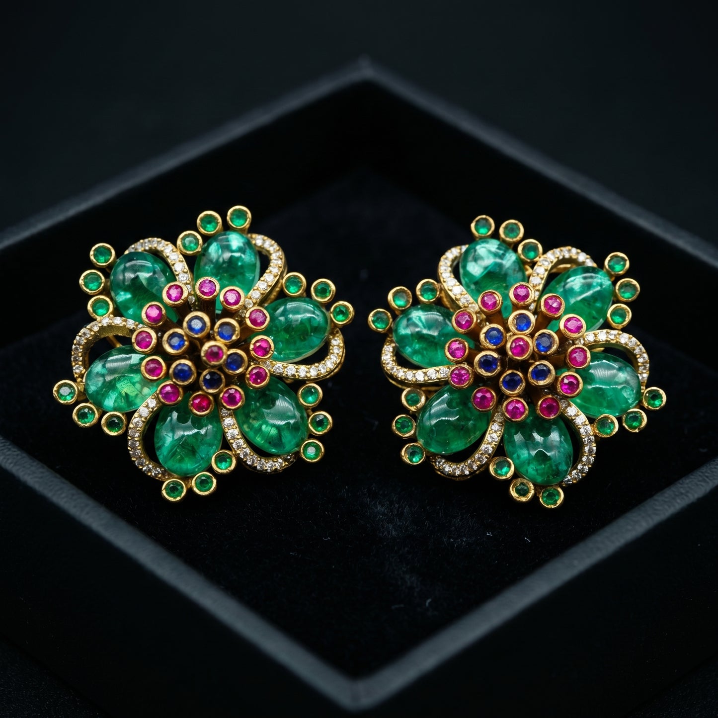 Emerald Bloom Polki Floral Stud Earrings