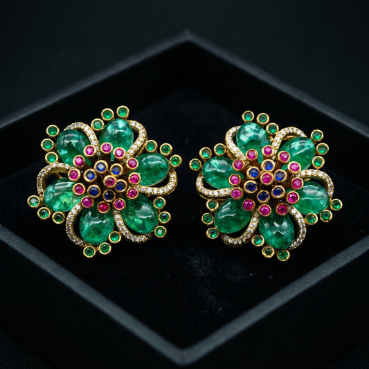 Emerald Bloom Polki Floral Stud Earrings