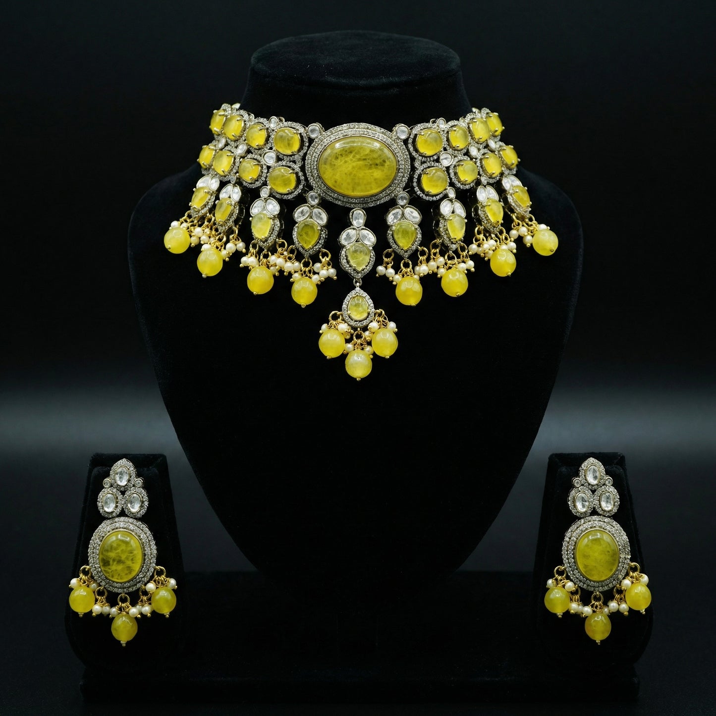 Yellow Jade Polki Bead Regal Choker Set
