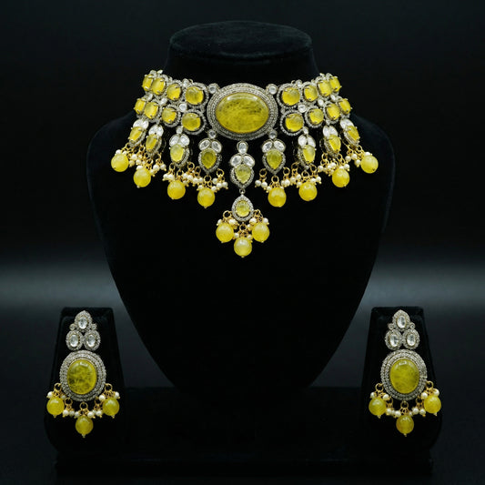 Yellow Jade Polki Bead Regal Choker Set