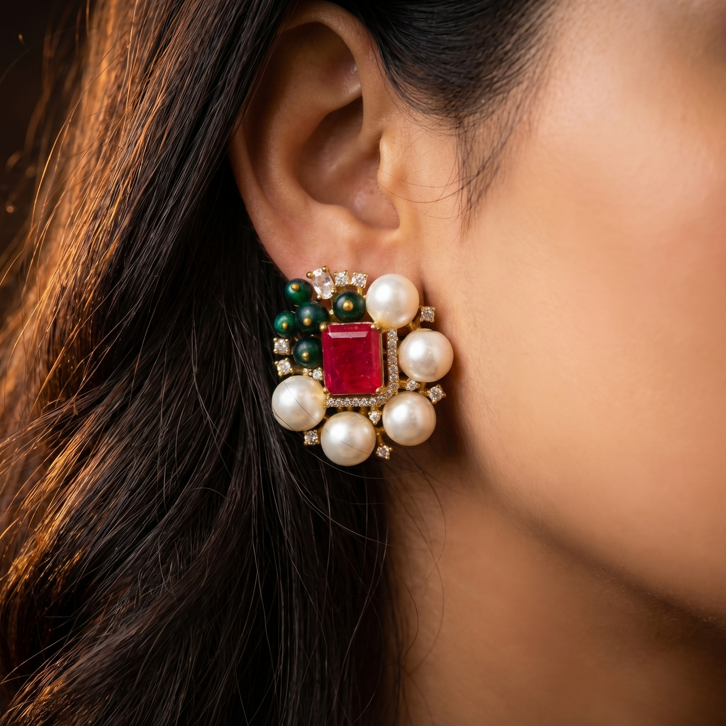Ruby Emerald Pearl Cluster Stud Earrings