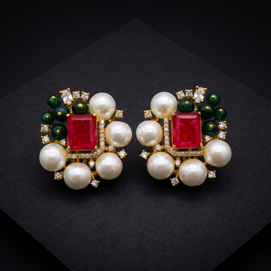 Ruby Emerald Pearl Cluster Stud Earrings