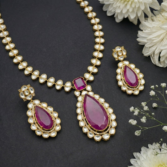 22 C gold plating Purple Polki Solitaire Jewellery Set