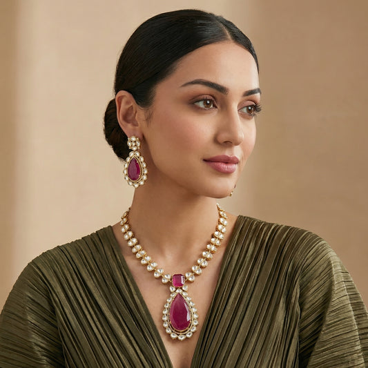 22 C gold plating Purple Polki Solitaire Jewellery Set