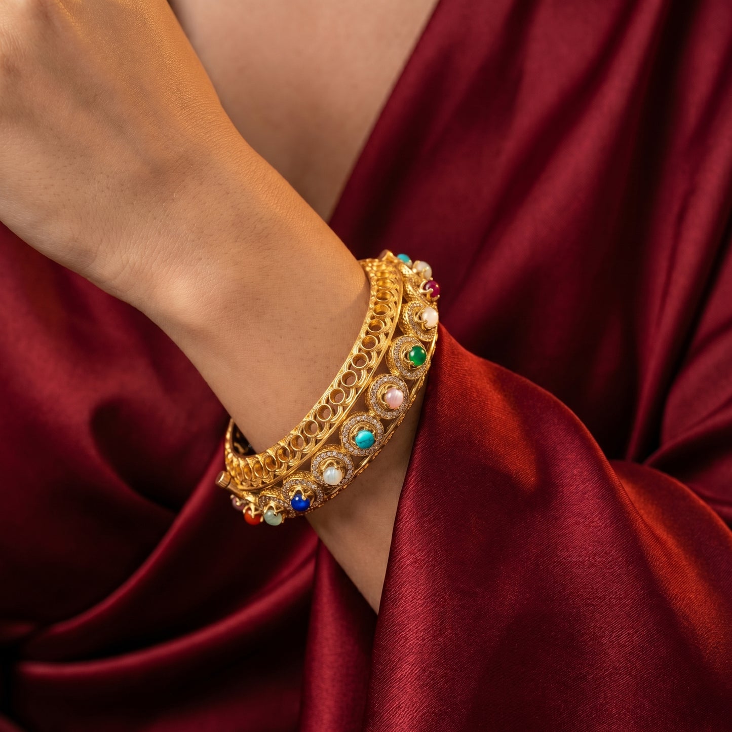 Multistone Navratna Pavé Gold Bracelet