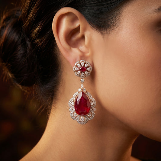 Royal Ruby Teardrop Diamond Halo Earrings