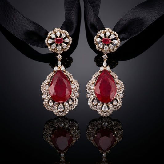 Royal Ruby Teardrop Diamond Halo Earrings
