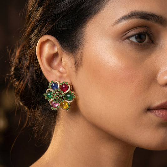 Multicolour Navratna Cabochon Floral Cluster Studs