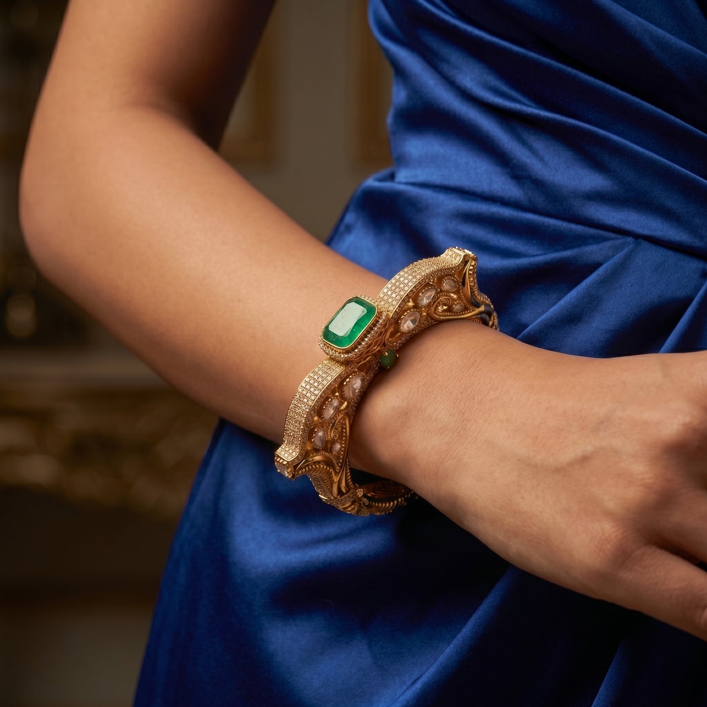 Emerald Polki Diamond Pavé Gold Bracelet