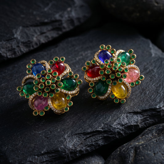 Multicolour Navratna Cabochon Floral Cluster Studs