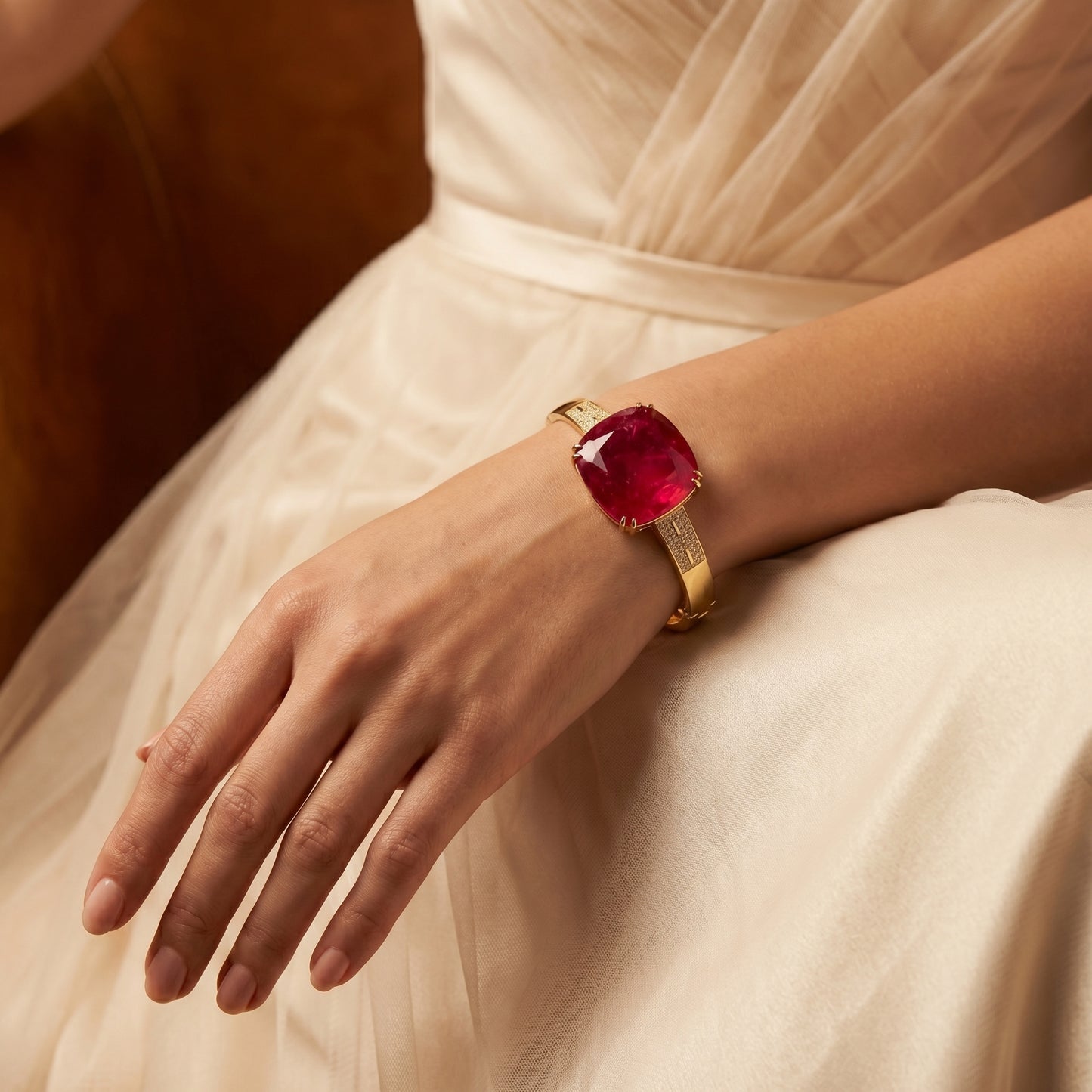 Cushion Ruby Solitaire Gold Bracelet