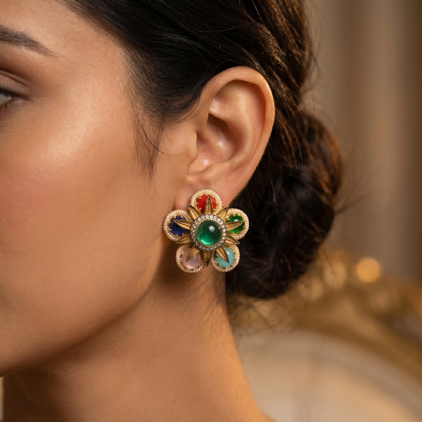 Multicolour Cabochon Floral Halo Gold Studs
