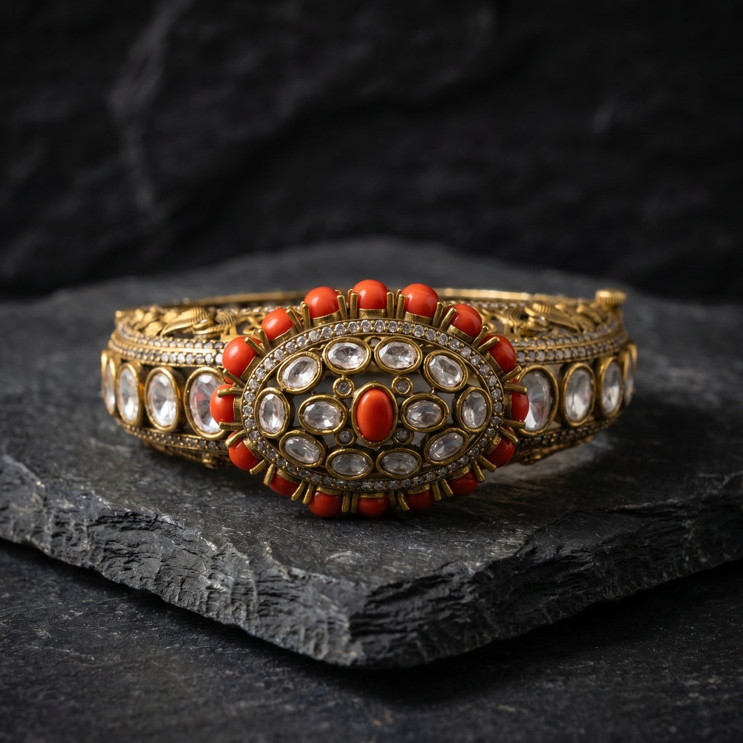 Coral Polki Diamond Oval Gold Bracelet