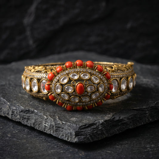 Coral Polki Diamond Oval Gold Bracelet