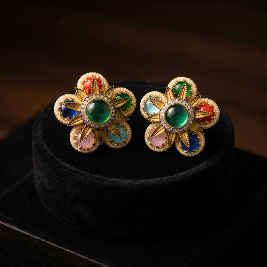 Multicolour Cabochon Floral Halo Gold Studs