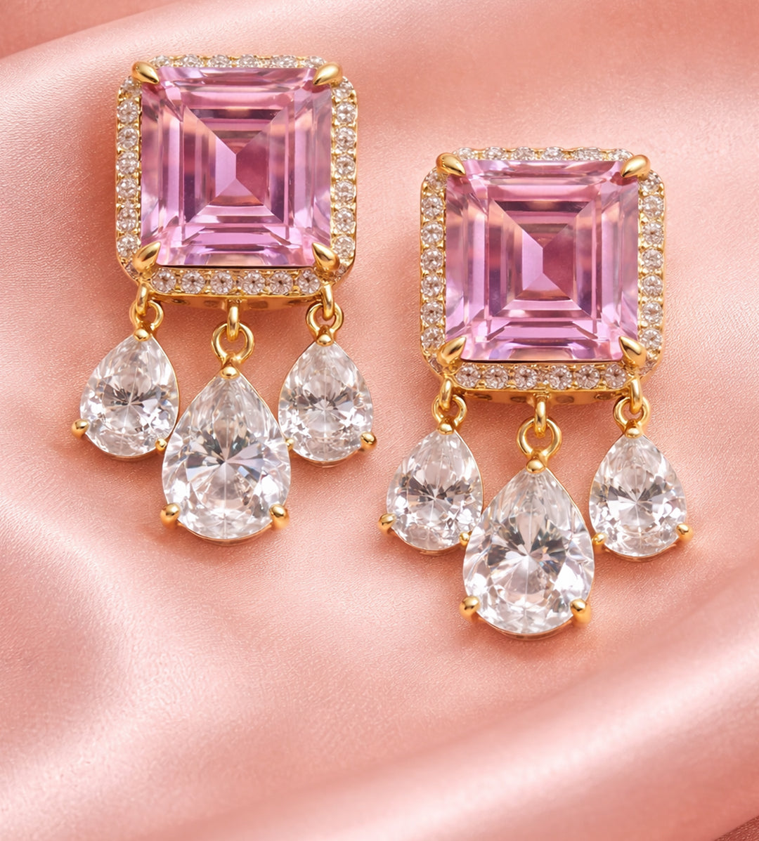 High-end Cubic Zirconia  Regal Pink Crystal Double Strand Necklace & Earrings Set