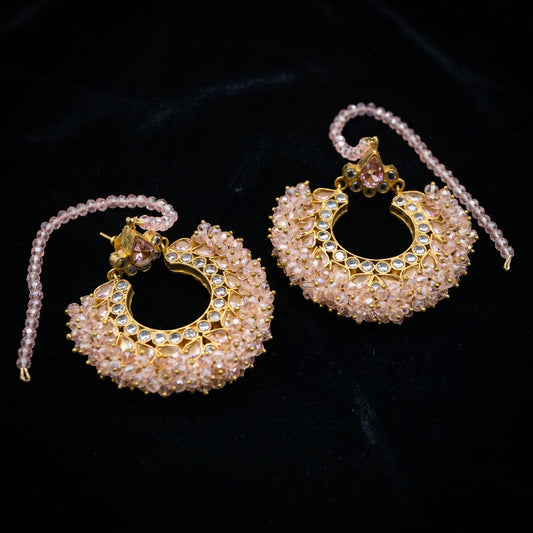 Pink Crystal Polki Chandbali Gold Earrings