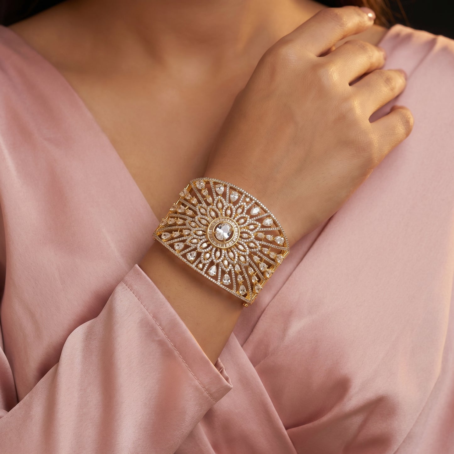 Diamond Sunburst Wide Gold Cuff Bracelet