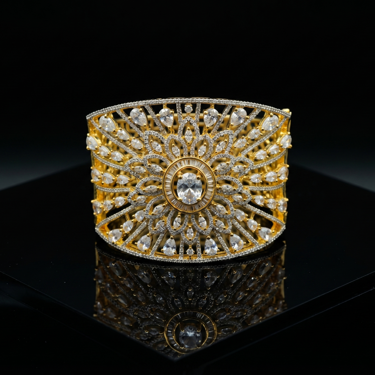 Diamond Sunburst Wide Gold Cuff Bracelet