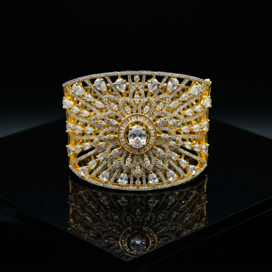 Diamond Sunburst Wide Gold Cuff Bracelet