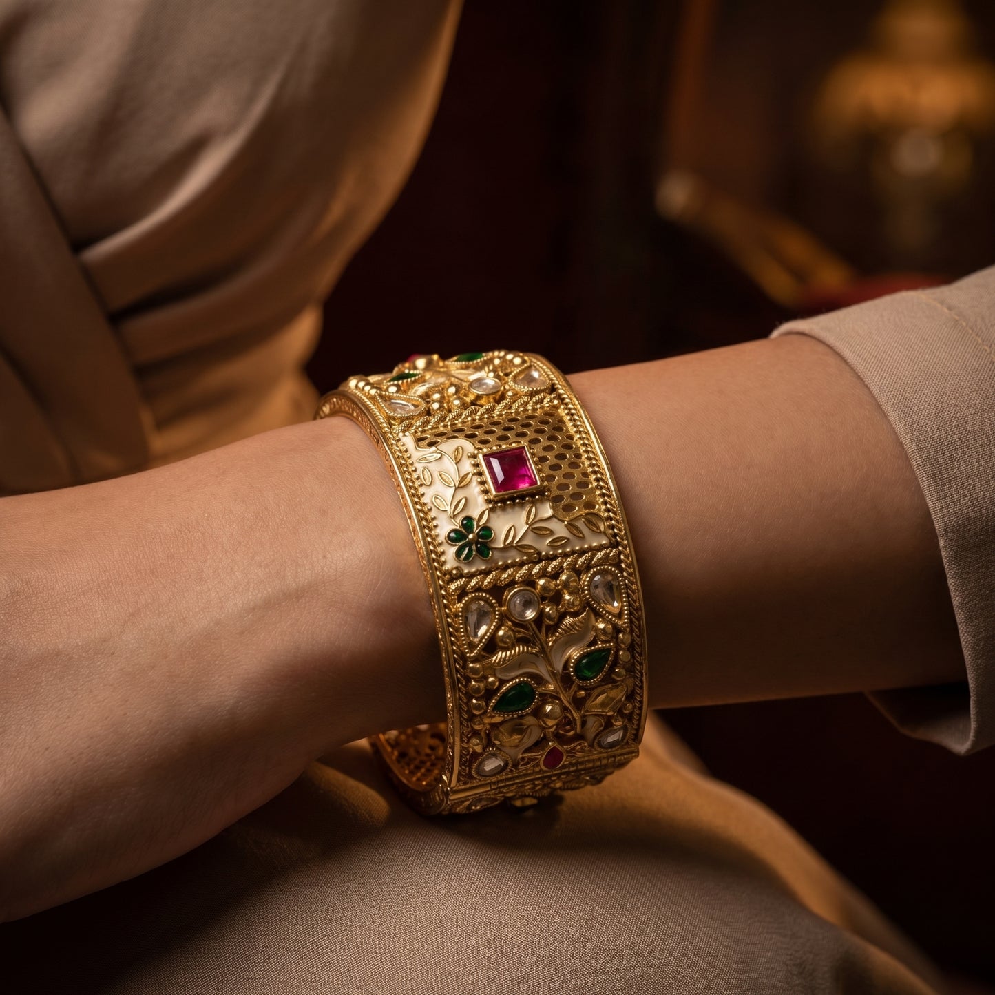 Ruby Emerald Polki Enamel Gold Bracelet
