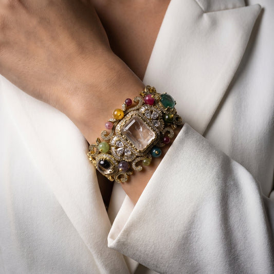 Crystal Quartz Multistone Baroque Gold Bracelet
