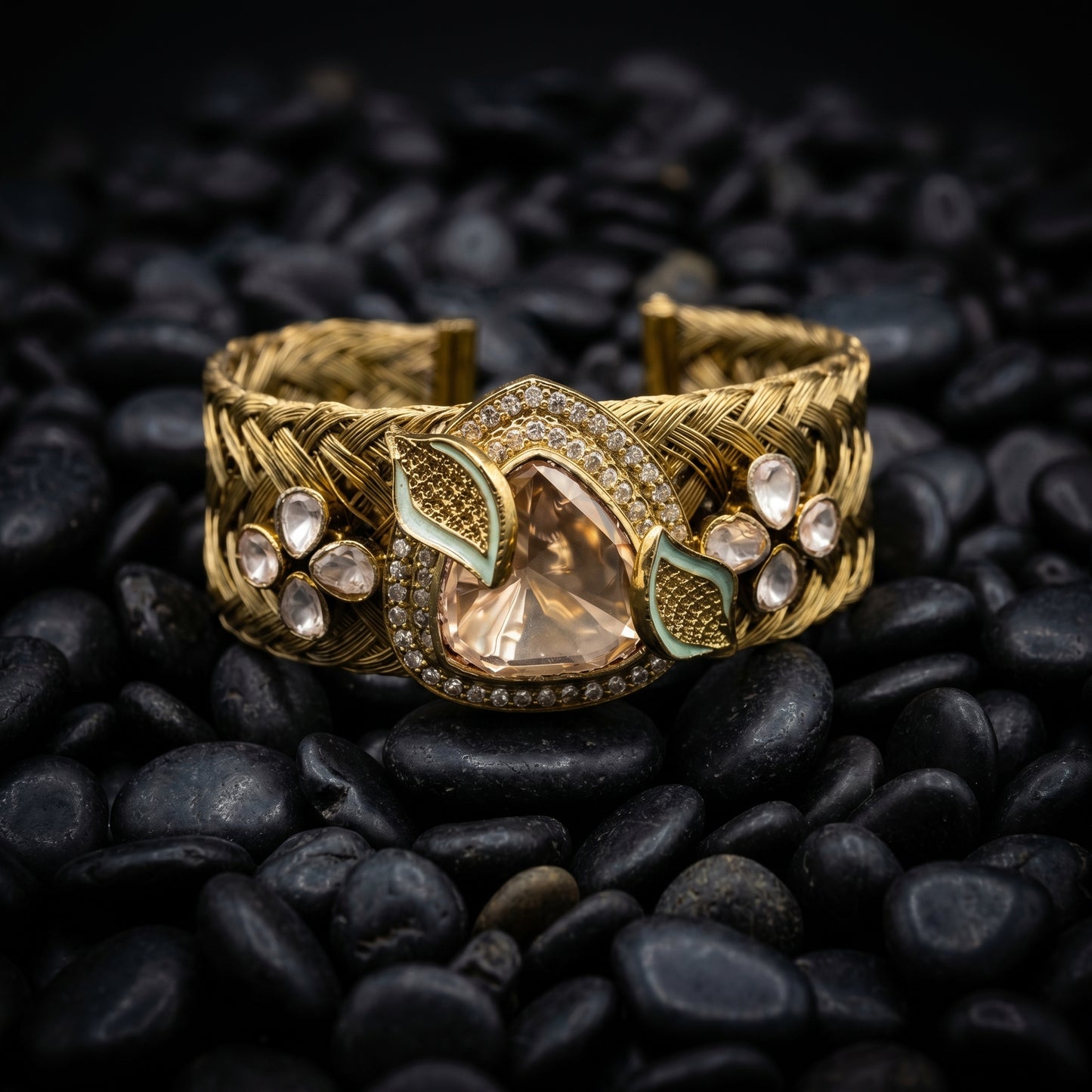 Morganite Polki Enamel Woven Gold Cuff
