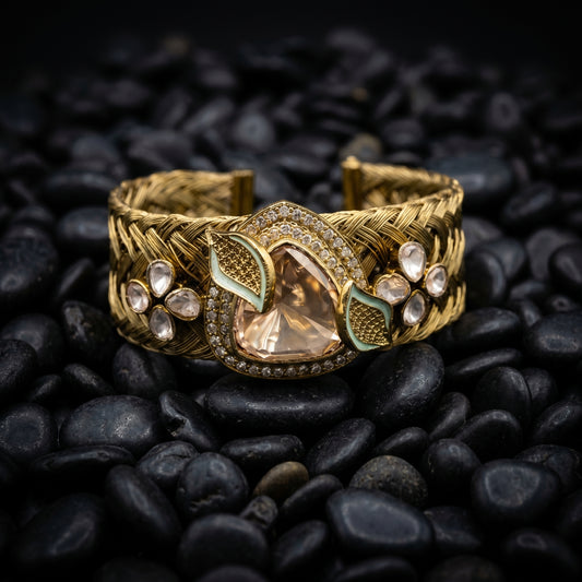 Morganite Polki Enamel Woven Gold Cuff