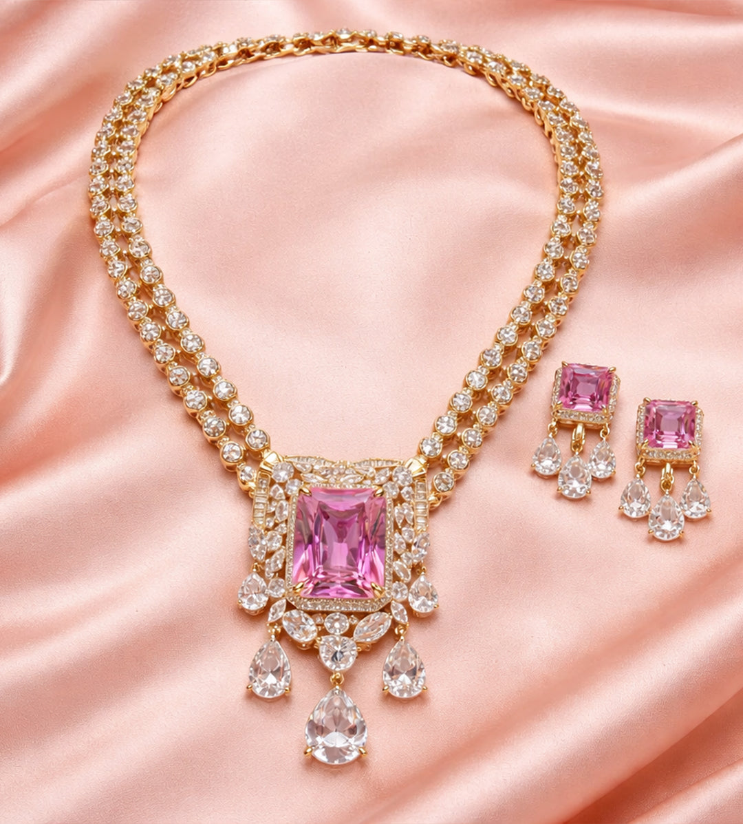 High-end Cubic Zirconia  Regal Pink Crystal Double Strand Necklace & Earrings Set