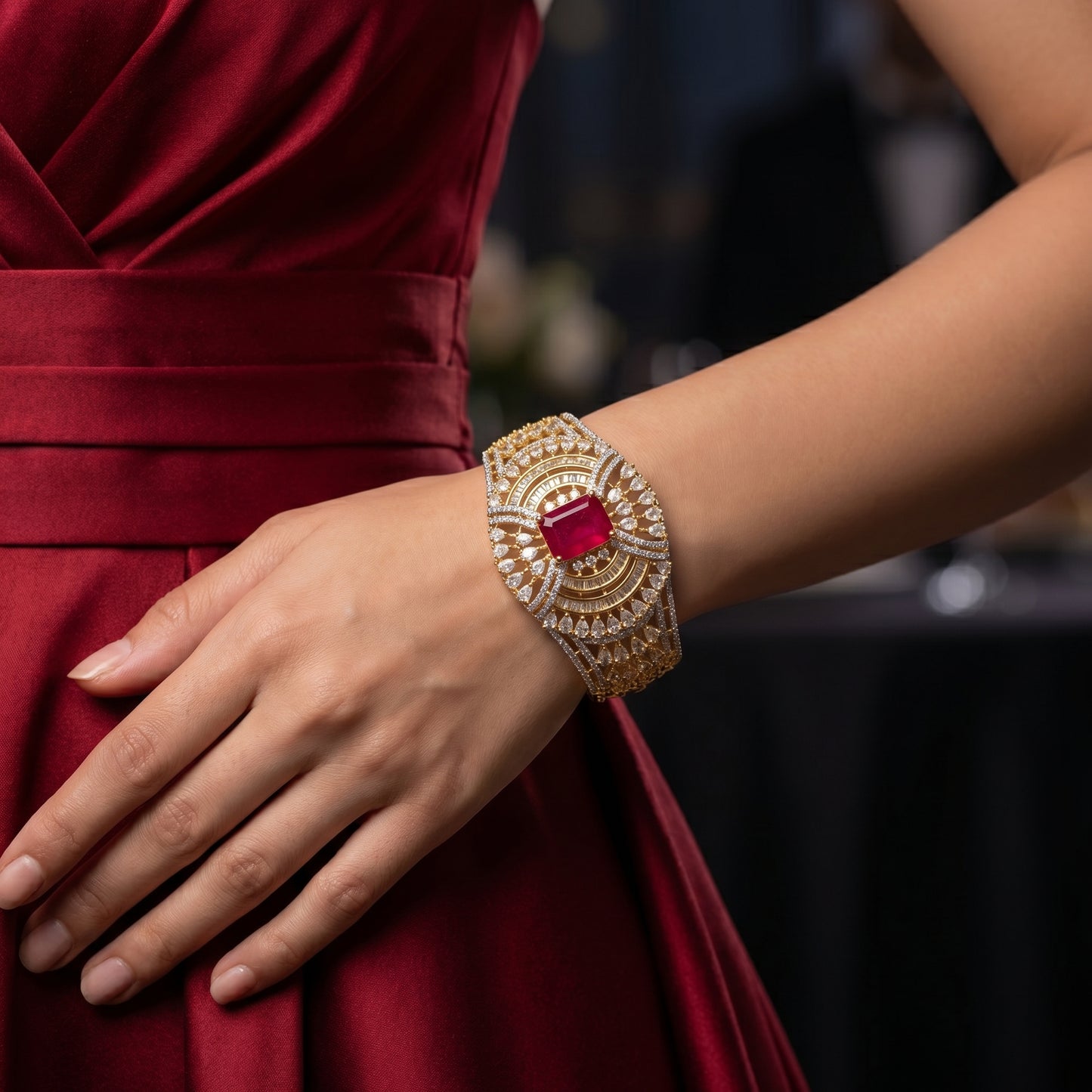 Ruby Diamond Fan Cuff Gold Bracelet