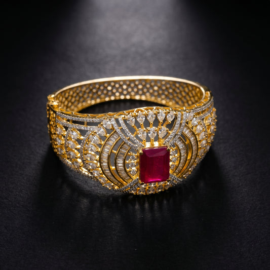 Ruby Diamond Fan Cuff Gold Bracelet