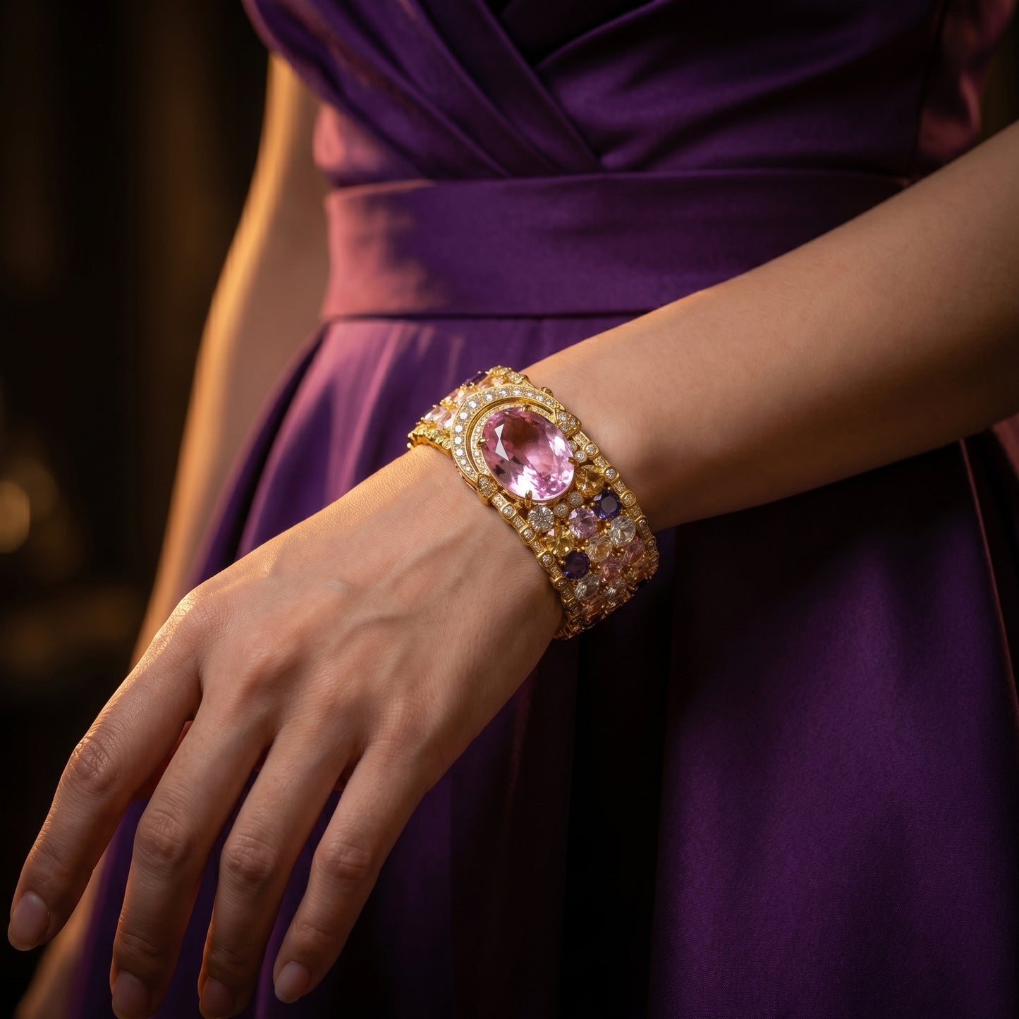 Morganite Amethyst Gold Cuff Bracelet