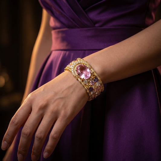Morganite Amethyst Gold Cuff Bracelet