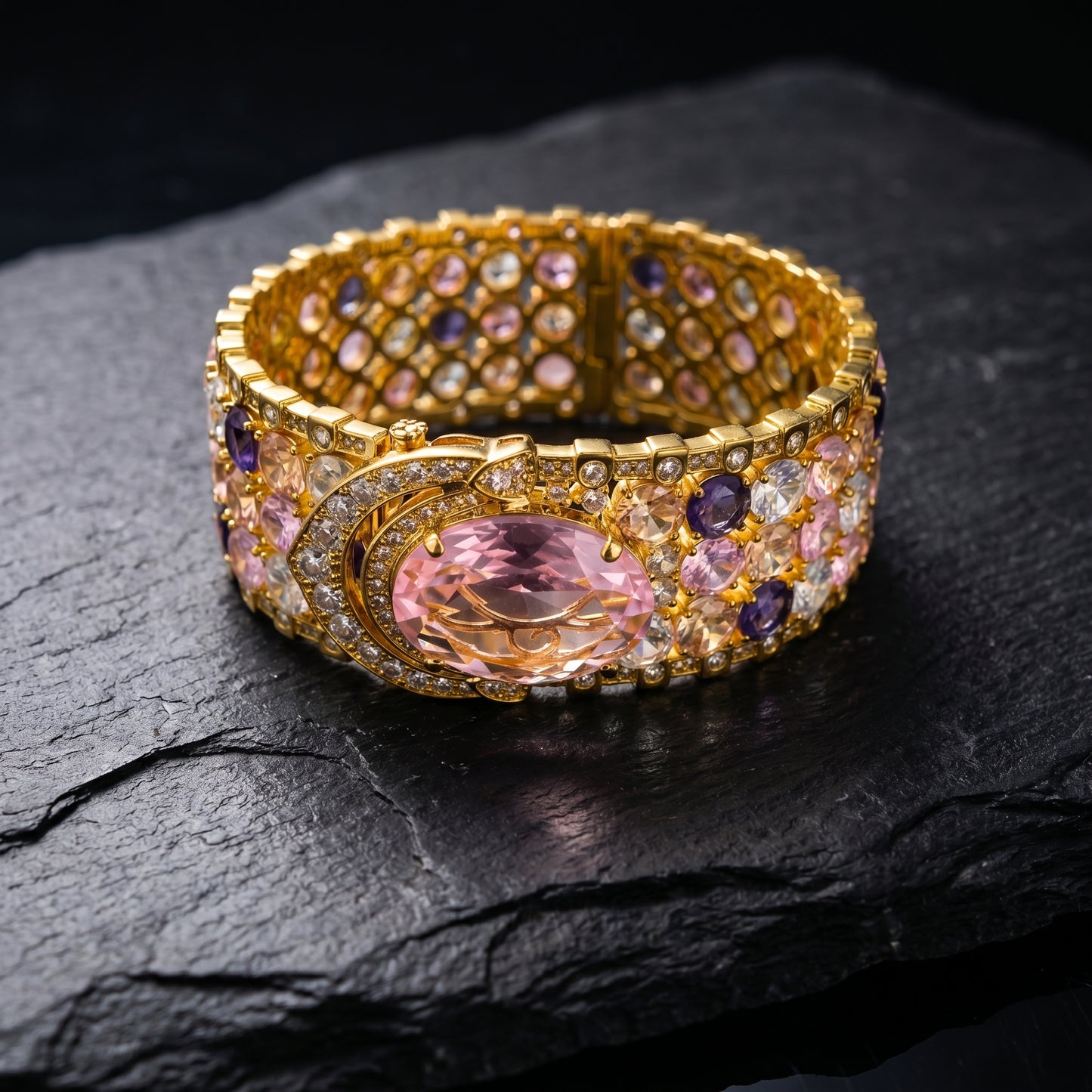 Morganite Amethyst Gold Cuff Bracelet