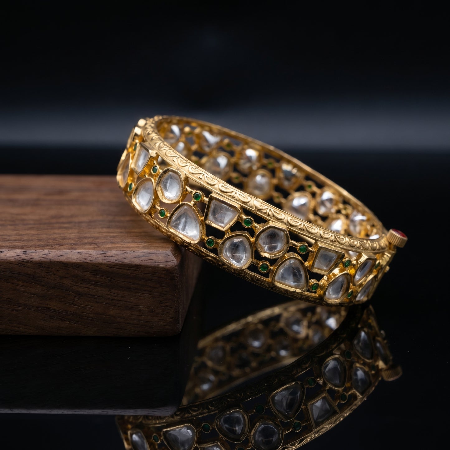Polki Diamond Emerald Engraved Gold Bangles
