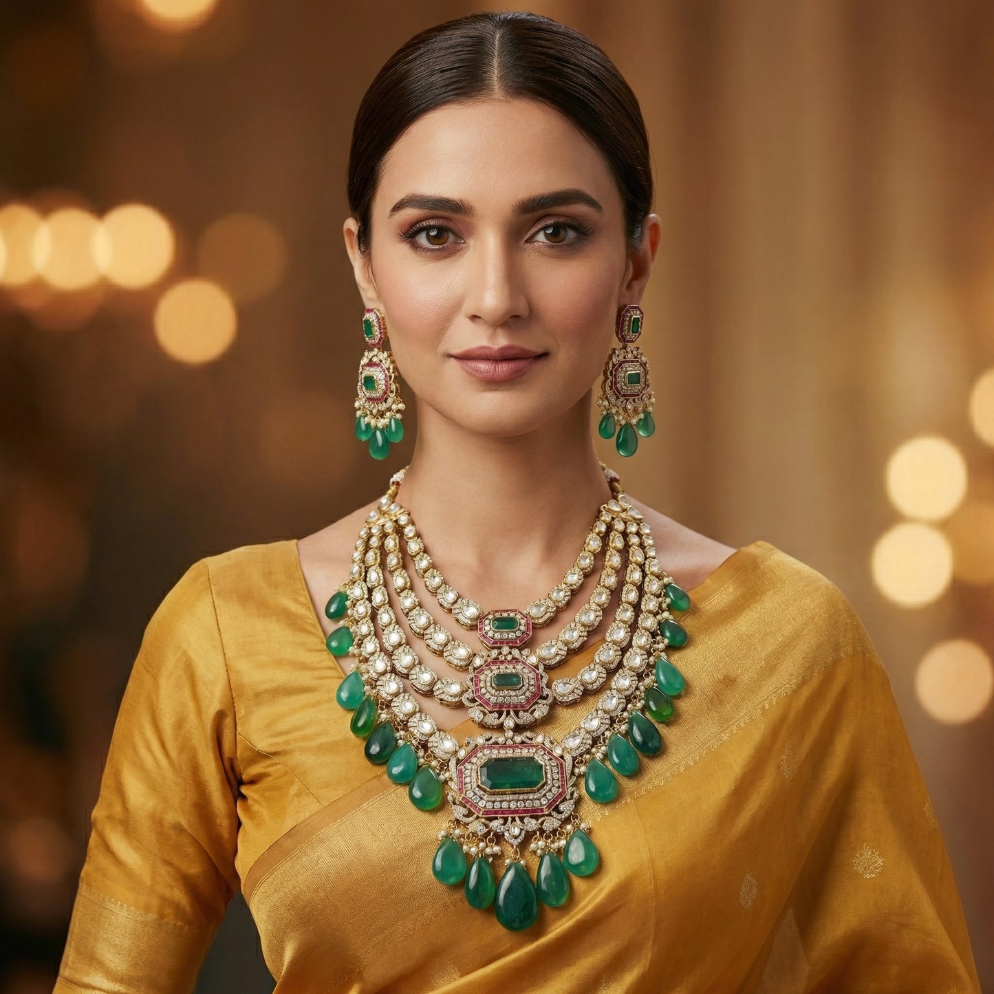 Triple Strand Emerald Ruby Polki Bridal Set