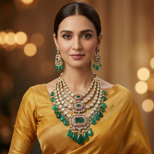 Triple Strand Emerald Ruby Polki Bridal Set