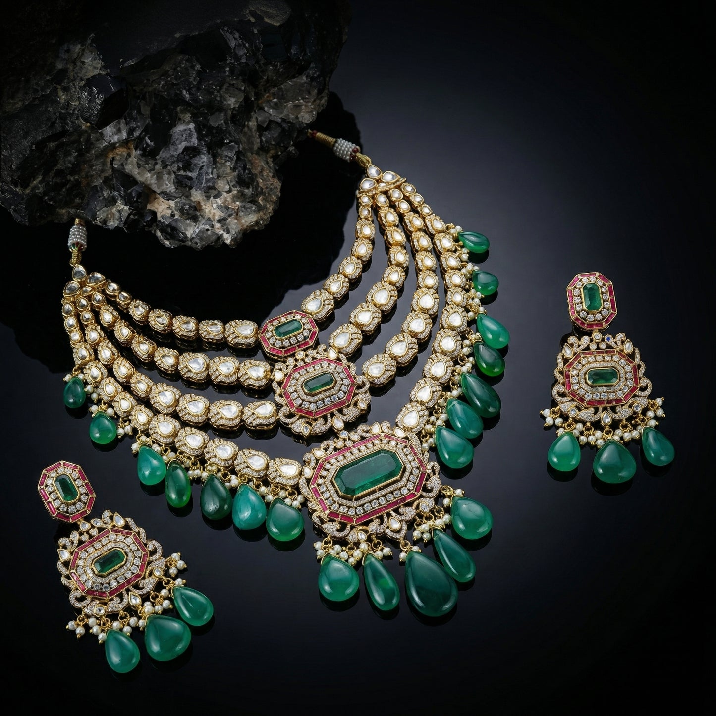 Triple Strand Emerald Ruby Polki Bridal Set